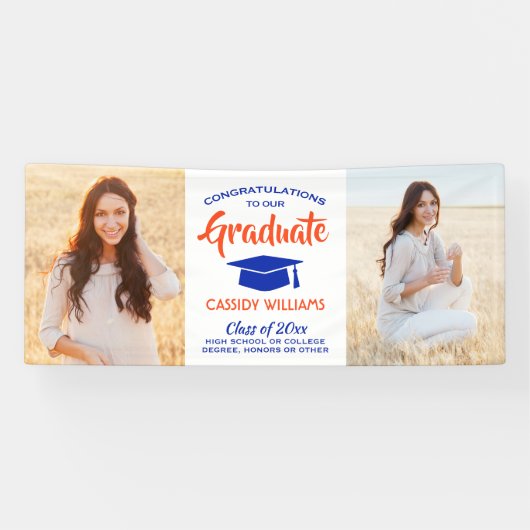 Gefiatteerd 2 Foto modern Oranje en blauw Afstuder Spandoek (Horizontaal)