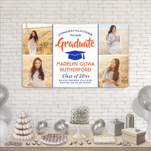 Gefiatteerd 4 Foto Oranje blauw en wit Afstuderen Spandoek