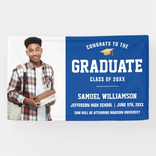 Gefiatteerd Afstudeerder Foto Blue Gold Graduparty Spandoek (Horizontaal)