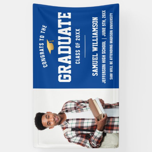 Gefiatteerd Afstudeerder Foto Blue Gold Graduparty Spandoek (Verticaal)