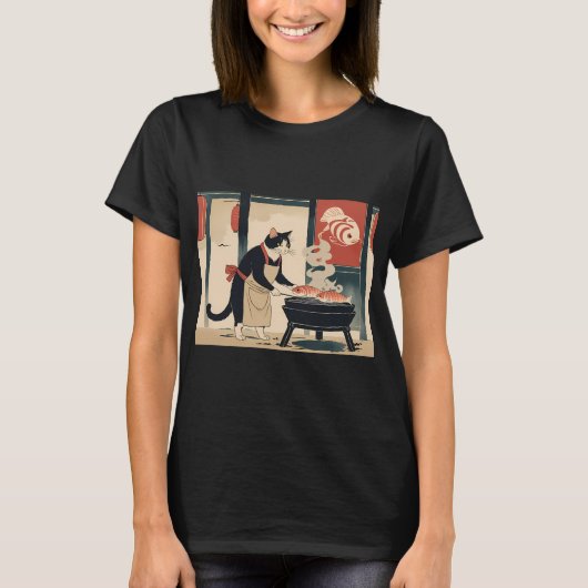 Gefocuste Kat Grill Meester – Ukiyo-e Stijl Geroos T-shirt (Voorkant)