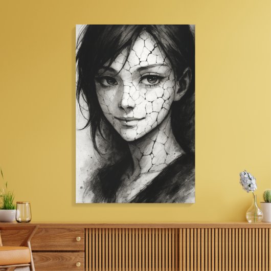 Gefractureerde Glimlach – Gekraakte Porseleinen In Canvas Afdruk (Insitu (Woonkamer))