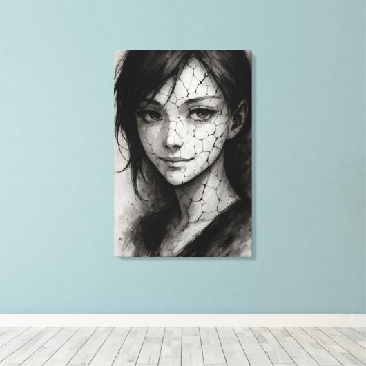 Gefractureerde Glimlach – Gekraakte Porseleinen In Canvas Afdruk (Insitu (Houten vloer))