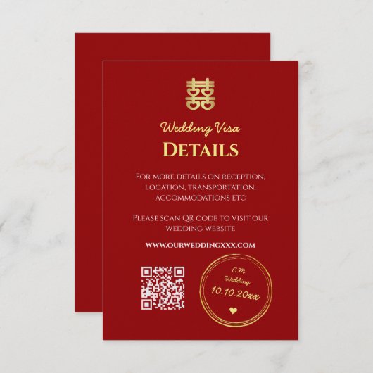 Gegevens donkerrode chinese trouwvisa informatiekaartje (Voorkant / Achterkant)