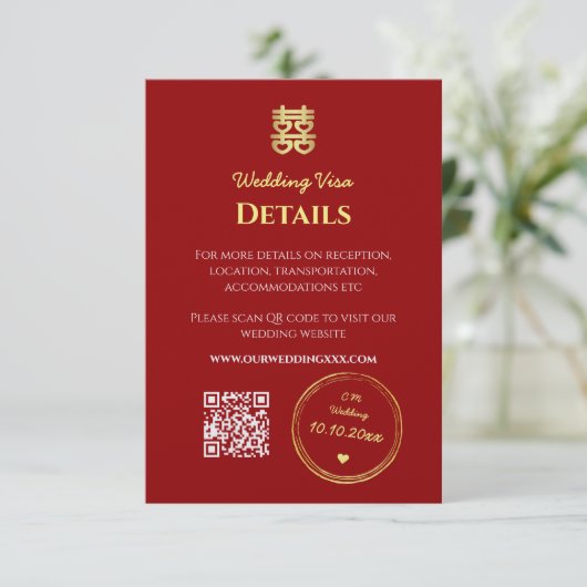 Gegevens donkerrode chinese trouwvisa informatiekaartje (Staand voorkant)