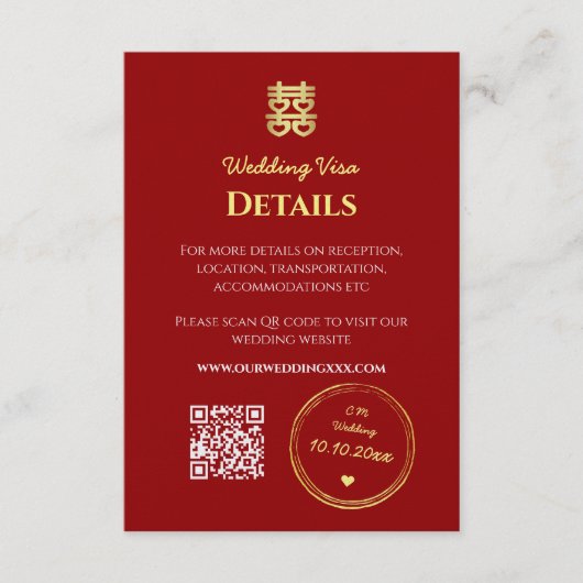 Gegevens donkerrode chinese trouwvisa informatiekaartje (Voorkant)