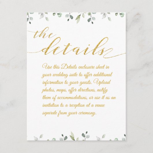 Gegevens Eucalyptus Greenery Border Gold Wedding Informatiekaartje (Voorkant)