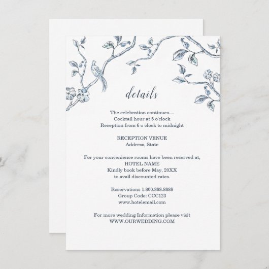 Gegevens over blauwe en witte Franse toile bruilof Informatiekaartje (Voorkant / Achterkant)