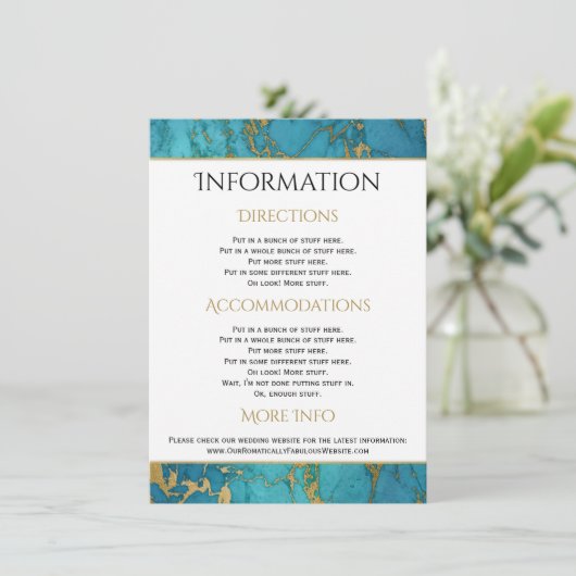 Gegevens over blauwe goudmarmer bruiloft informatiekaartje (Staand voorkant)