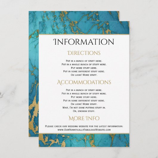 Gegevens over blauwe goudmarmer bruiloft informatiekaartje (Voorkant / Achterkant)