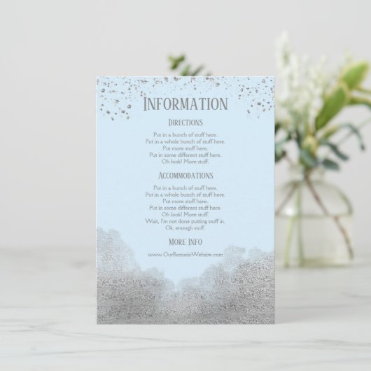 Gegevens over blauwe zilver Confetti bruiloft Informatiekaartje (Staand voorkant)
