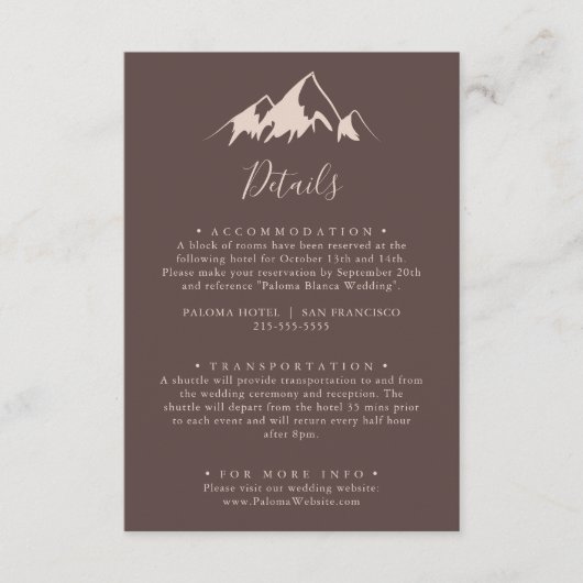 Gegevens over de bruiloft in het gebergte wissen informatiekaartje (Voorkant)