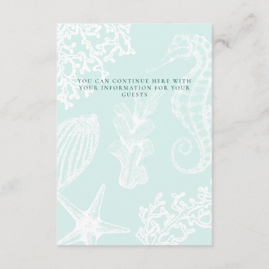 Gegevens over de bruiloft van kuststrand invoegen informatiekaartje (Achterkant)