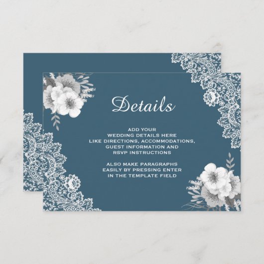 Gegevens over de Elegant Blue Floral Lace Wedding Informatiekaartje (Voorkant / Achterkant)