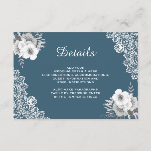 Gegevens over de Elegant Blue Floral Lace Wedding Informatiekaartje (Voorkant)