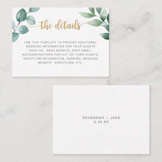 Gegevens over de goudbruiloft van Eucalyptus Informatiekaartje (Voorkant / Achterkant)