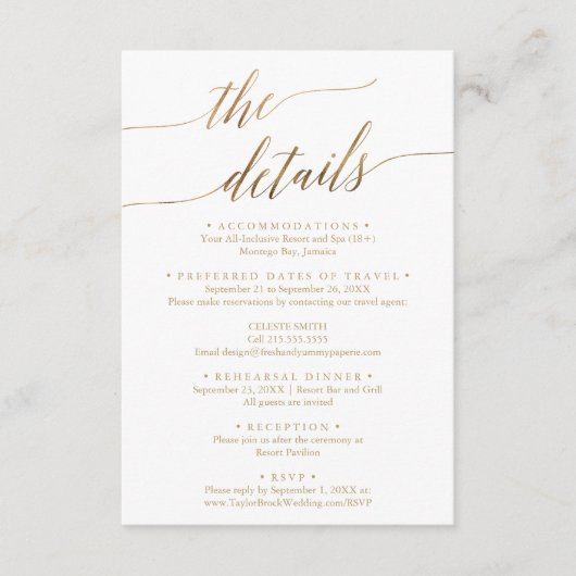 Gegevens over de huwelijksreis op legante Gold Des Informatiekaartje (Voorkant)