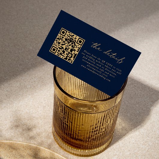 Gegevens over de mini QR Code Gold Script Navy Blu Informatiekaartje