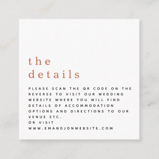 Gegevens over de MINI QR-code Terracotta Wedding Informatiekaartje (Voorkant)