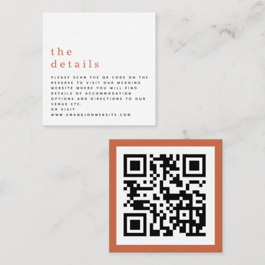 Gegevens over de MINI QR-code Terracotta Wedding Informatiekaartje (Voorkant / Achterkant)
