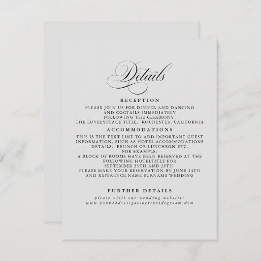 Gegevens over de minimalistische bruiloft informatiekaartje (Voorkant / Achterkant)