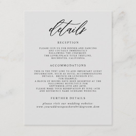 Gegevens over de minimalistische bruiloft informatiekaartje (Voorkant)