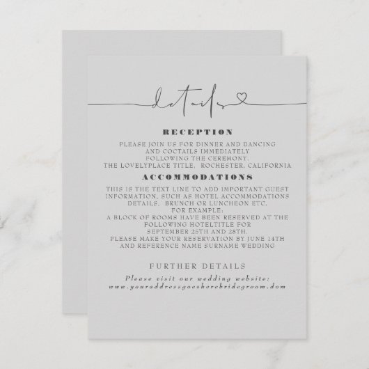 Gegevens over de minimalistische bruiloft informatiekaartje (Voorkant / Achterkant)