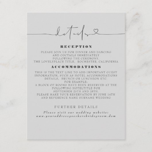 Gegevens over de minimalistische bruiloft informatiekaartje (Voorkant)