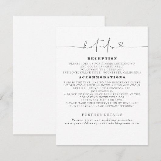 Gegevens over de minimalistische bruiloft informatiekaartje (Voorkant / Achterkant)