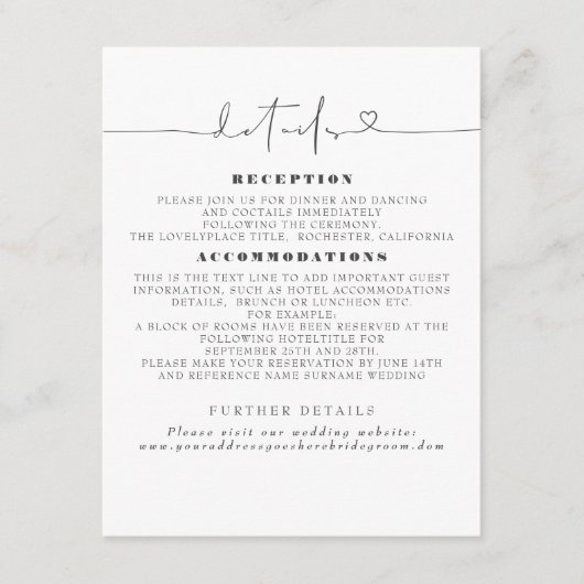 Gegevens over de minimalistische bruiloft informatiekaartje (Voorkant)