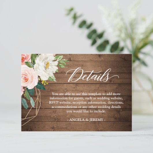 Gegevens over de moderne Rustic Floral Wedding Rec Informatiekaartje (Staand voorkant)