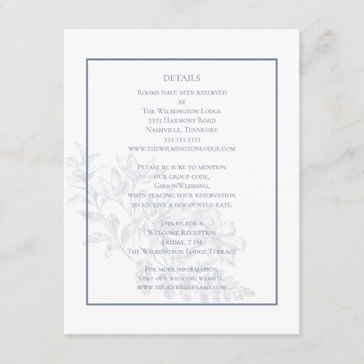 Gegevens over de recente moderne Floral Dusty Blue Informatiekaartje (Voorkant)