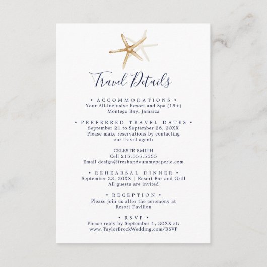 Gegevens over de reis van de moderne Starfish Dest Informatiekaartje (Voorkant)