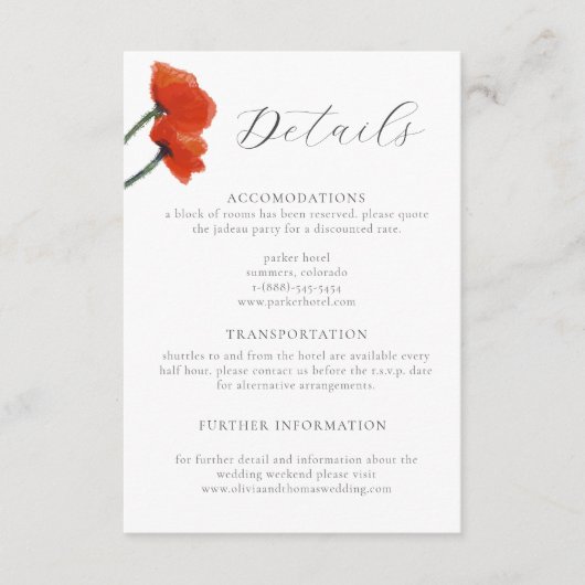 Gegevens over de rode papaverbruiloft in de Elegan Informatiekaartje (Voorkant)