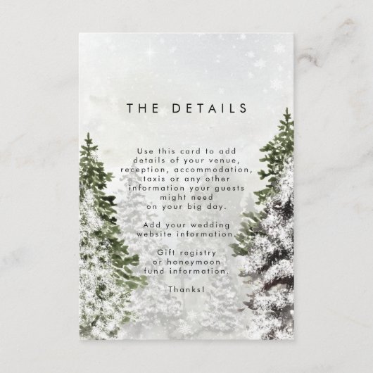 Gegevens over de rustige winterbomen bruiloft informatiekaartje (Voorkant)