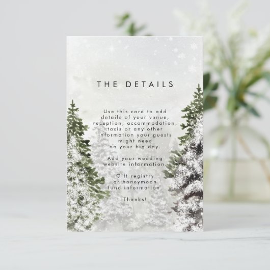 Gegevens over de rustige winterbomen bruiloft informatiekaartje (Staand voorkant)