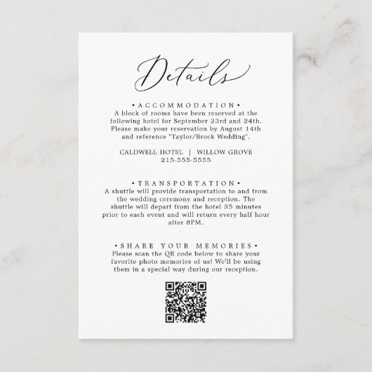 Gegevens over de snelle zwarte kalligrafie QR-code Informatiekaartje (Voorkant)