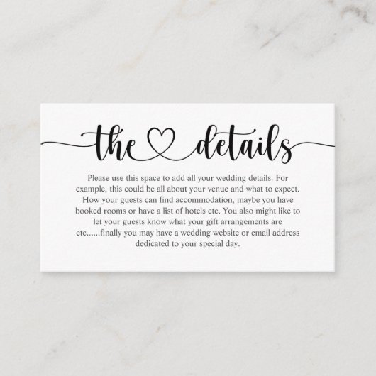 Gegevens over ellegant zwart-witscript bruiloft informatiekaartje (Voorkant)