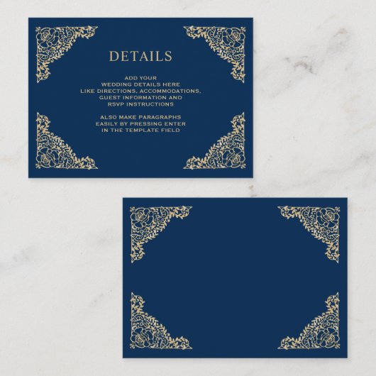 Gegevens over Floral Lijst Blue en Gold Wedding Informatiekaartje (Voorkant / Achterkant)