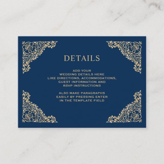 Gegevens over Floral Lijst Blue en Gold Wedding Informatiekaartje (Voorkant)