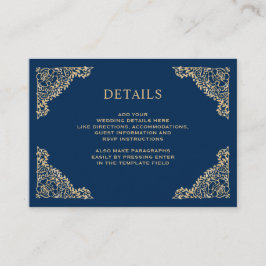 Gegevens over Floral Lijst Blue en Gold Wedding Informatiekaartje