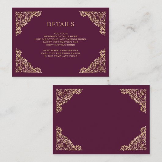 Gegevens over Floral Lijst Plum and Gold Wedding Informatiekaartje (Voorkant / Achterkant)