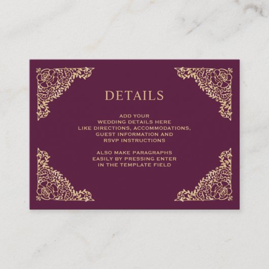 Gegevens over Floral Lijst Plum and Gold Wedding Informatiekaartje (Voorkant)