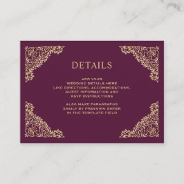 Gegevens over Floral Lijst Plum and Gold Wedding Informatiekaartje