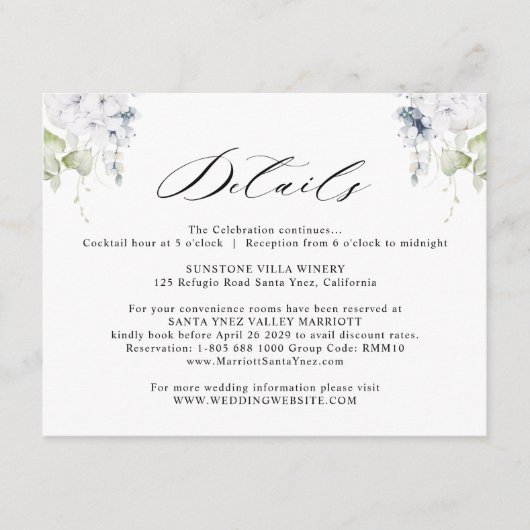 Gegevens over het Elegant White en Blue Floral Wed Informatiekaartje (Voorkant)