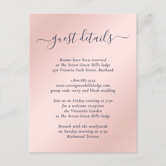 Gegevens over het elegante moderne marinesblauw en informatiekaartje (Voorkant)