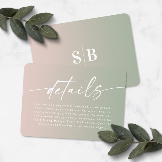 Gegevens over het elegante ombre Green & Blush Pin Informatiekaartje