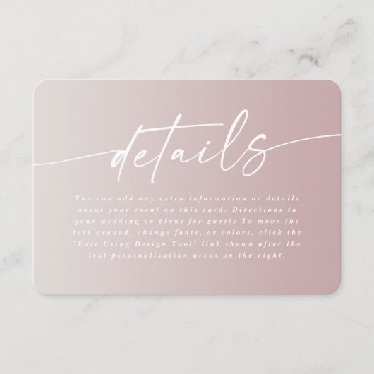 Gegevens over het elegante ombre Off-White en Mauv Informatiekaartje (Voorkant)