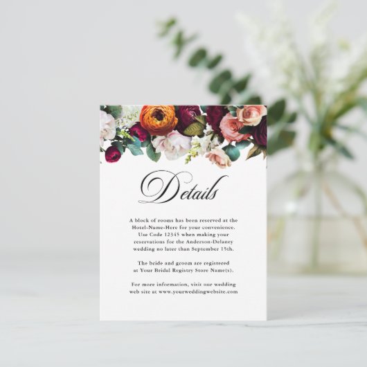 Gegevens over het Herfst Floral Wedding Informatiekaartje (Staand voorkant)