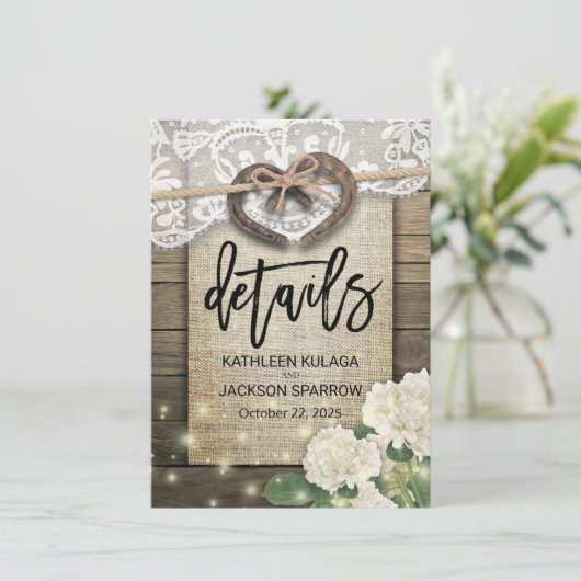 Gegevens over het hoefijzer-hart-land-bruiloft informatiekaartje (Staand voorkant)